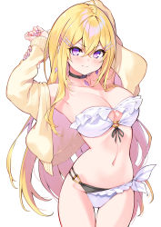 Rule 34 | 1girl, ahoge, armpits, arms behind head, arms up, bare shoulders, bikini, black choker, blonde hair, breasts, choker, cleavage, collarbone, cowboy shot, cu-no, frilled bikini, frills, front-tie bikini top, front-tie top, groin, hair ornament, hairclip, hakurei botan, hisen kaede, jacket, large breasts, long hair, long sleeves, looking at viewer, multi-strapped bikini, nail polish, navel, open clothes, open jacket, purple eyes, purple nails, simple background, smile, solo, standing, stomach, strapless, strapless bikini, swimsuit, thigh gap, thighs, v-shaped eyebrows, white background, white bikini, yellow jacket