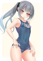 Rule 34 | 1girl, absurdres, black ribbon, blue one-piece swimsuit, breasts, brown eyes, cameltoe, contrapposto, grey hair, hair ribbon, highres, kantai collection, kasumi (kancolle), long hair, looking at viewer, makura (y makura), name tag, one-piece swimsuit, ribbon, side ponytail, simple background, small breasts, solo, swimsuit, white background