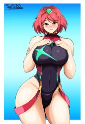 Rule 34 | 1girl, absurdres, artist name, bare shoulders, blue background, blush, breasts, collarbone, competition swimsuit, covered navel, curvy, hammerofsolace, hands on own chest, highres, huge breasts, looking at viewer, one-piece swimsuit, pyra (pro swimmer) (xenoblade), pyra (xenoblade), red eyes, red hair, short hair, smile, solo, swimsuit, thick thighs, thighs, tiara, wide hips, xenoblade chronicles (series), xenoblade chronicles 2