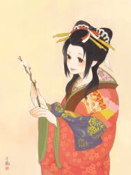Rule 34 | 1girl, bad drawr id, bad id, black hair, blush, branch, brown eyes, character request, cherry blossoms, copyright request, floral print, floral print kimono, flower, hair ornament, hair stick, holding, holding branch, japanese clothes, kanzashi, kimono, long hair, oekaki, pego (peco peco), pointy ears, red kimono, sidelocks, signature, simple background, smile, solo, standing, yellow background