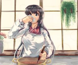 Rule 34 | 1girl, apron, black hair, cooking, elfen lied, highres, holding, holding saucer, japanese clothes, kappougi, kimono, ladle, long hair, nozomi (elfen lied), pot, saucer, saury (artist), tagme