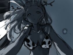 Rule 34 | 1girl, :o, animal print, antlers, bikini, blue theme, breasts, ceiling, ceiling light, ceres fauna, collarbone, commentary, cow print, cow print bikini, curtains, english commentary, forehead, from below, grey thighhighs, half-closed eyes, heart, heart-shaped pupils, highres, hololive, hololive english, horns, looking at viewer, medium breasts, monochrome, parted lips, pov, print bikini, sidelighting, sketch, solo, straight-on, swimsuit, symbol-shaped pupils, thighhighs, umi (umiillust2234), upper body, virtual youtuber