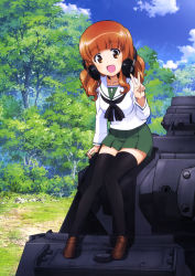 Rule 34 | 10s, 1girl, :d, absurdres, arm support, black thighhighs, blush, breasts, brown eyes, brown footwear, brown hair, cloud, collarbone, day, eyebrows, girls und panzer, green skirt, head tilt, headphones, headphones around neck, highres, knees together feet apart, leaning forward, loafers, long hair, long sleeves, looking at viewer, medium breasts, military, military vehicle, motor vehicle, neckerchief, official art, on vehicle, ooarai school uniform, open mouth, outdoors, panzer iv, panzer iv, pleated skirt, school uniform, serafuku, shoes, sitting, skirt, sky, smile, solo, sugimoto isao, takebe saori, tank, thighhighs, throat microphone, tree, v