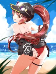 Rule 34 | 1girl, absurdres, adjusting clothes, adjusting swimsuit, aresiasitennou, ass, bare shoulders, baseball cap, beach, bikini, black hair, black jacket, blurry, blurry foreground, cloud, from behind, hat, heart, heart-shaped eyewear, heterochromia, high ponytail, highres, hololive, houshou marine, houshou marine (summer), jacket, long hair, looking at viewer, looking back, ocean, off shoulder, palm tree, purple-tinted eyewear, red bikini, red eyes, red hair, sand, solo, sunglasses, swimsuit, tinted eyewear, tongue, tongue out, tree, virtual youtuber, yellow eyes