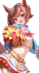 Rule 34 | 1girl, :d, animal ears, belt, brown hair, cheerleader, commentary request, highres, holding, holding pom poms, horse ears, horse girl, horse tail, looking at viewer, midriff, mofu namako, multicolored hair, navel, nice nature (run&amp;win) (umamusume), nice nature (umamusume), official alternate costume, official alternate hairstyle, open mouth, pom pom (cheerleading), pom poms, shirt, simple background, smile, solo, streaked hair, tail, teeth, thighs, umamusume, upper teeth only, white background, white shirt, yellow belt