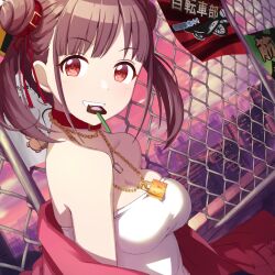 Rule 34 | 1girl, ad, amochin, bare shoulders, belt, belt collar, blush, breasts, brown hair, chain-link fence, chain necklace, chocolate, cityscape, cleavage, cloud, cloudy sky, collar, collarbone, dot nose, double bun, evening, fence, from side, hair belt, hair bun, hair ribbon, idolmaster, idolmaster shiny colors, jacket, jewelry, large breasts, long hair, looking at viewer, mouth hold, necklace, off shoulder, outdoors, red belt, red eyes, red jacket, red ribbon, ribbon, rooftop, sky, smile, solo, sonoda chiyoko, strapless, tube top, twintails, upper body, white tube top