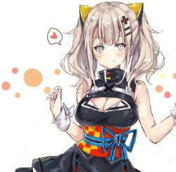 Rule 34 | 1girl, bad id, bad twitter id, bare shoulders, black dress, blue eyes, blush, breasts, cleavage, cleavage cutout, closed mouth, clothing cutout, dot nose, dress, eyebrows, eyelashes, fuyumino, hair ornament, hairclip, heart, highres, kaguya luna, large breasts, long hair, obi, palms, red thighhighs, ribbon, sash, short dress, sidelocks, silver hair, sleeveless, sleeveless dress, smile, solo, speech bubble, spoken heart, striped ribbon, the moon studio, thighhighs, turtleneck, twintails, vertical stripes, virtual youtuber, white background, white ribbon, wrist ribbon, wristband, x hair ornament, zettai ryouiki