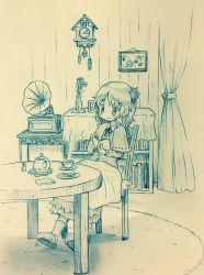 Rule 34 | 1girl, aki shizuha, arinu, blush, book, bookshelf, chair, commentary, cookie, cup, curtains, drawing (object), food, hair ornament, highres, leaf, leaf hair ornament, leaf on head, monochrome, open book, phonograph, reading, rug, short hair, sitting, smile, solo, table, teacup, teapot, touhou, vase