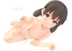 Rule 34 | baba arumi, bikini, black hair, blue eyes, blush, breasts, collarbone, copyright request, dated, knees together feet apart, looking at viewer, low twintails, micro bikini, navel, nipples, perspective, signature, simple background, small breasts, smile, swimsuit, topless, twintails, untied bikini, white background
