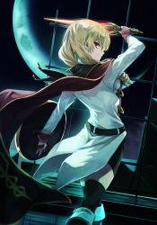 Rule 34 | 1girl, belt, bike shorts, blonde hair, breasts, cape, crescent moon, drill hair, erika wagner, formal, from behind, highres, holding, holding shield, holding sword, holding weapon, long hair, moon, night, night sky, online neet, red eyes, shield, simple background, sky, small breasts, solo, sword, thighhighs, twin drills, twintails, under night in-birth, weapon, white background, wind, wind lift, zettai ryouiki