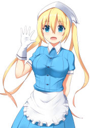 Rule 34 | 1girl, apron, blend s, blonde hair, blue eyes, blush, breasts, devil (stepdevils), gloves, hair between eyes, hand up, head scarf, hinata kaho, large breasts, long hair, looking at viewer, open mouth, short sleeves, smile, solo, standing, stile uniform, twintails, very long hair, waitress, white gloves