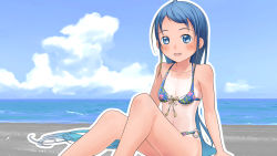 Rule 34 | 1girl, beach, bikini, blue bikini, blue eyes, blue hair, blue sky, breasts, cloud, commentary request, day, floral print, front-tie bikini top, front-tie top, gradient hair, hashijiro kou, highres, horizon, kantai collection, long hair, looking at viewer, multicolored hair, o-ring, o-ring bikini, o-ring bottom, ocean, one-piece tan, outdoors, samidare (kancolle), sitting, sky, small breasts, solo, swept bangs, swimsuit, tan, tanline, very long hair