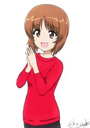 Rule 34 | 10s, 1girl, :d, artist name, black pants, brown eyes, brown hair, bukkuri, casual, commentary, cowboy shot, dated, girls und panzer, long sleeves, looking at viewer, nishizumi miho, open mouth, own hands together, pants, red shirt, shirt, short hair, signature, simple background, smile, solo, standing, white background
