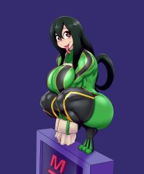 Rule 34 | 10s, 1girl, absurdres, asui tsuyu, ber00, black eyes, bodysuit, boku no hero academia, breasts, full body, gloves, green bodysuit, green footwear, green hair, hands up, highres, large breasts, long hair, long sleeves, long tongue, looking at viewer, purple background, simple background, solo, spread legs, squatting, tongue, tongue out, white gloves