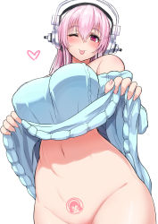 Rule 34 | 1girl, ;p, bare shoulders, blush, bottomless, breasts, clothes lift, curvy, female focus, groin, headphones, highres, large breasts, lifting own clothes, long hair, looking at viewer, miyamoto issa, naked sweater, navel, nitroplus, no panties, off-shoulder, off-shoulder sweater, off shoulder, one eye closed, out-of-frame censoring, pink eyes, pink hair, pubic tattoo, simple background, smile, solo, super sonico, sweater, sweater lift, tattoo, tongue, tongue out, white background, wide hips