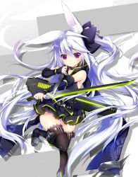 Rule 34 | 1girl, animal ears, bare shoulders, black dress, breasts, collar, commentary request, dagger, dress, fox ears, hair between eyes, hair ribbon, hakoniwa oukoku no souzoushu-sama, holding, holding weapon, knife, long hair, looking at viewer, nanamomo rio, original, red eyes, ribbon, silver hair, simple background, sleeveless, sleeveless dress, small breasts, solo, standing, standing on one leg, sword, thighhighs, very long hair, weapon, zettai ryouiki