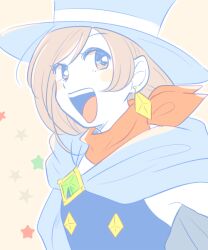 Rule 34 | 1girl, :d, ace attorney, blue cape, blue eyes, blue hat, brown hair, cape, earrings, hat, jewelry, mai8484, open mouth, red scarf, scarf, short hair, smile, solo, top hat, trucy wright, upper body