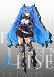Rule 34 | 1girl, absurdly long hair, absurdres, armor, black thighhighs, blue hair, breasts, brown eyes, cleavage, full body, highres, index finger raised, large breasts, long hair, original, qihai lunpo, solo, thighhighs, twintails, very long hair