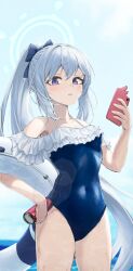 Rule 34 | 1girl, bag (chrko bag), bare shoulders, blue archive, blue background, blue one-piece swimsuit, blush, can, cellphone, commentary, covered navel, cowboy shot, frilled one-piece swimsuit, frills, hair between eyes, halo, hand on own hip, highres, holding, holding can, holding phone, innertube, lens flare, long hair, looking at viewer, miyako (blue archive), miyako (swimsuit) (blue archive), ocean, off-shoulder one-piece swimsuit, off shoulder, official alternate costume, one-piece swimsuit, parted lips, phone, ponytail, purple eyes, sidelocks, smartphone, solo, spaghetti strap, swim ring, swimsuit, very long hair, wet, white hair