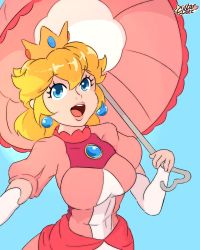 Rule 34 | 1girl, blonde hair, blue background, blue eyes, breasts, crown, day, dress, earrings, gloves, highres, jewelry, mario (series), nintendo, open mouth, outstretched arm, pink skirt, princess peach, simple background, skirt, solo, starlett, super mario bros. 1, super smash bros., teeth, tight clothes, tight dress, umbrella, white gloves