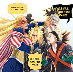Rule 34 | 1girl, 3boys, anger vein, artist name, bakugou katsuki, black hair, black jacket, black shirt, blonde hair, blouse, blue bodysuit, bodysuit, boku no hero academia, breasts, cape, cathleen bate, collarbone, commentary, english commentary, english text, eye mask, gloves, green gloves, grey background, grey shirt, hair up, hands up, highres, jacket, large breasts, long hair, mask, multiple boys, open mouth, profile, red cape, shirt, short hair, simple background, speech bubble, stain (boku no hero academia), star and stripe, star and stripe (boku no hero academia), striped bodysuit, striped cape, sweat, teeth, tongue, tongue out, trevo (trevoshere), white cape, yagi toshinori