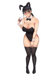 Rule 34 | 1girl, a mezashi, animal ears, black eyes, black hair, blush, bow, bowtie, breasts, cleavage, cup, detached collar, glasses, large breasts, leotard, original, playboy bunny, rabbit ears, sex toy, solo, thighhighs, thighs, vibrator, vibrator in thighhighs, wide hips, wrist cuffs