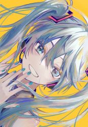 Rule 34 | 1girl, 39, blue eyes, blue hair, blue nails, commentary request, grin, hatsune miku, headset, highres, long hair, nail polish, salmonpig, sideways, smile, solo, very long hair, vocaloid, yellow background