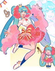 Rule 34 | 1girl, arm up, black socks, blue eyes, blue hair, bow, churro, cleats, crown, flower, full body, hachune miku, hair ornament, hair rings, hair scrunchie, hatsune miku, hele bun, highres, ievan polkka (vocaloid), long hair, mini crown, open mouth, pink flower, pink skirt, red bow, scrunchie, shoes, sidelocks, skirt, smile, sneakers, socks, solo, spanish flag, striped bow, very long hair, vocaloid, white footwear, worldwide miku