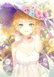 Rule 34 | 1girl, backlighting, bare arms, bare shoulders, blonde hair, blue flower, blurry, blurry background, bow, brown hat, collarbone, commentary request, depth of field, dress, emma (yakusoku no neverland), flower, green eyes, hand up, hat, hat flower, kinokohime, looking at viewer, neck tattoo, number tattoo, parted lips, petals, pink flower, purple flower, short hair, sleeveless, sleeveless dress, smile, solo, straw hat, sundress, sunflower, sunlight, tattoo, teeth, upper body, upper teeth only, white bow, white dress, white flower, yakusoku no neverland