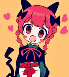 Rule 34 | 1girl, :d, alice in koishi, animal ears, black bow, blush, blush stickers, bow, braid, cat ears, dress, hair bow, happy, head tilt, heart, kaenbyou rin, long sleeves, looking at viewer, nekomata, open mouth, orange background, red eyes, red hair, ribbon, simple background, smile, solo, touhou, twin braids, twintails, upper body