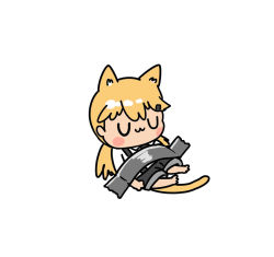 Rule 34 | 1girl, :3, afei (sfma3248), against wall, animal ears, barefoot, black shorts, blonde hair, blush stickers, cat ears, cat tail, chibi, closed eyes, comedian (artwork), duct tape, closed eyes, girls&#039; frontline, idw (girls&#039; frontline), long hair, parody, shirt, shorts, simple background, solo, suspenders, tail, twintails, u u, white background, white shirt