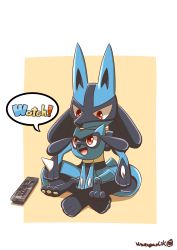 Rule 34 | :d, absurdres, black fur, blue fur, body fur, border, closed mouth, commentary request, controller, creatures (company), english text, evolutionary line, furry, game freak, gen 4 pokemon, happy, highres, indian style, looking at another, looking up, lucario, multicolored fur, nintendo, on lap, open mouth, orange background, pokemon, pokemon (creature), pokemon on lap, red eyes, remote control, riolu, sitting, sitting on lap, sitting on person, smile, snout, speech bubble, spikes, tail, tongue, watagashikn, white border, yellow fur