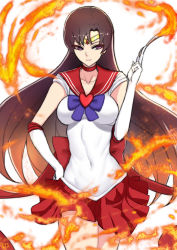 Rule 34 | bishoujo senshi sailor moon, brooch, brown hair, choker, collarbone, covered navel, cowboy shot, cyicheng, fire, fire, gloves, heart, heart brooch, hino rei, jewelry, long hair, looking to the side, miniskirt, pleated skirt, purple eyes, sailor collar, sailor mars, skirt, smile, solo