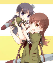 Rule 34 | 10s, 2girls, :t, aged down, barefoot, black eyes, black hair, blush, braid, brown eyes, brown hair, carrying, fud, kantai collection, kitakami (kancolle), long hair, multiple girls, ooi (kancolle), open mouth, simple background, striped, striped background, torpedo