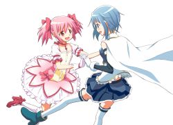 Rule 34 | 10s, 2girls, armband, bad id, bad pixiv id, blue eyes, blue hair, bow, cape, choker, gloves, gonzaburou, hair bow, holding hands, highres, kaname madoka, magical girl, mahou shoujo madoka magica, miki sayaka, multiple girls, open mouth, pink eyes, pink hair, short hair, short twintails, smile, soul gem, thighhighs, transparent background, twintails, zettai ryouiki