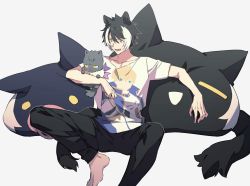 Rule 34 | 1boy, :d, animal ears, arthur pendragon (fate), barefoot, black hair, character print, commentary request, dog, dog ears, dog tail, fangs, fate/prototype, fate (series), fur trim, grey background, happy, holostars, kageyama shien, male focus, multicolored hair, namakawa, open mouth, shirt, simple background, sitting, smile, solo, tail, teeth, toeless legwear, two-tone hair, virtual youtuber, white shirt