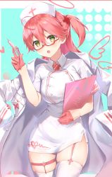 Rule 34 | 1girl, absurdres, ahoge, alternate costume, buttons, character name, chestnut mouth, cross print, glasses, gloves, green eyes, half gloves, hat, heart, highres, hololive, jacket, jacket on shoulders, lims (neko2lims), looking at viewer, nurse, nurse cap, open mouth, pink gloves, pink hair, red-framed eyewear, sakura miko, solo, syringe, thighhighs, virtual youtuber, wing print