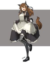 Rule 34 | 1girl, ;d, animal ears, artist name, ascot, brown hair, full body, juliet sleeves, lansane, long hair, long sleeves, looking at viewer, maid, maid headdress, one eye closed, open mouth, puffy sleeves, sharp teeth, shoes, skirt hold, smile, solo, striped clothes, striped thighhighs, tail, teeth, thighhighs, tsana (lansane), vertical-striped clothes, vertical-striped thighhighs, wolf ears, wolf tail