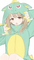 Rule 34 | 1girl, :o, absurdres, animal costume, cosplay, dragon costume, green eyes, green hair, highres, hood, hood up, idolmaster, idolmaster shiny colors, kigurumi, knees up, looking at viewer, nanakusa nichika, official alternate costume, paw pose, simple background, solo, tsuchi (sh spica1), white background, zipper pull tab