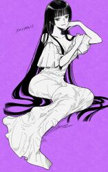 Rule 34 | 1girl, artist name, black eyes, black hair, blunt bangs, breasts, cleavage, collarbone, copyright name, dress, frilled sleeves, frills, hand on own chin, highres, hime cut, holding own arm, ichihara yuuko, large breasts, leaning, long dress, long hair, looking at viewer, off-shoulder dress, off shoulder, partially colored, purple background, purple lips, sakanomachico, sidelocks, simple background, smile, very long hair, xxxholic