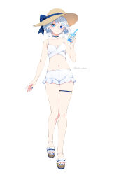 Rule 34 | 1girl, absurdres, alternate costume, bare shoulders, bikini, blue choker, blue eyes, blue hair, blue nails, bshi edayo, choker, closed mouth, cup, drinking straw, drop-shaped pupils, full body, furina (genshin impact), genshin impact, hat, heterochromia, highres, holding, holding cup, looking at viewer, mismatched pupils, multicolored hair, navel, sandals, short hair, simple background, smile, solo, standing, stomach, streaked hair, swimsuit, symbol-shaped pupils, thigh strap, thighs, toenails, white background, white bikini, white hair