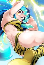 Rule 34 | 1girl, :o, absurdres, animal print, arm up, armpits, ass, bikini, bongfill, boots, breasts, covered erect nipples, green hair, highres, horns, knee boots, large breasts, long hair, looking at viewer, lum, multicolored background, oni, pointy ears, shiny skin, solo, swimsuit, teeth, tiger print, urusei yatsura
