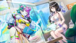 Rule 34 | 2girls, bikini, black hair, blue eyes, blunt bangs, breasts, cleavage, coach, cup, diagonal bangs, dolphin wave, double bun, earrings, gloves, green hair, hair between eyes, hair bun, hair ornament, hairclip, helly lewis, highres, jewelry, large breasts, long hair, multicolored hair, multiple girls, navel, one-piece swimsuit, one eye closed, ootomo takuji, purple hair, sideboob, sitting, skindentation, split-color hair, suminoe shion, swimsuit, table, thigh strap, towel, two-tone hair, v, yellow eyes