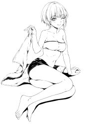 Rule 34 | 1girl, :p, arm support, bare legs, barefoot, blush, breasts, full body, greyscale, hamao, highres, idolmaster, idolmaster cinderella girls, medium breasts, micro shorts, miyamoto frederica, monochrome, one eye closed, short hair, shorts, simple background, sitting, solo, tongue, tongue out, towel