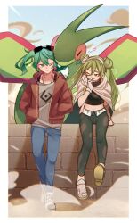 Rule 34 | +++, 2girls, border, closed mouth, commentary, creatures (company), cropped shirt, day, flygon, game freak, gen 3 pokemon, gloves, green eyes, green hair, green pants, ground miku (project voltage), hand up, hands in pockets, hatsune miku, heart, highres, jacket, mocacoffee 1001, multiple girls, nintendo, one eye closed, open clothes, open jacket, outdoors, pants, pokemon, pokemon (creature), project voltage, shirt, shoes, sky, standing, suna no wakusei (vocaloid), sunglasses, twintails, vocaloid, white border, white footwear