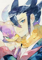 Rule 34 | 1boy, black hair, black jacket, blue eyes, closed mouth, commentary request, creatures (company), game freak, gen 5 pokemon, grimsley (pokemon), hair between eyes, highres, jacket, long sleeves, looking to the side, male focus, nintendo, on shoulder, pokemon, pokemon (creature), pokemon bw, pokemon on shoulder, purrloin, scarf, shirt, short hair, smile, spiked hair, white background, white shirt, yamanashi taiki, yellow scarf