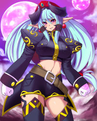 Rule 34 | 1girl, belt, blue hair, breasts, demon girl, earrings, female focus, gloves, hat, highres, horns, jewelry, large breasts, moon, navel, original, outdoors, pink eyes, pointy ears, shorts, solo, standing, thighhighs, umigarasu (magipro), white gloves