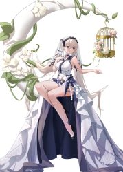 Rule 34 | 1girl, absurdly long hair, azur lane, bare shoulders, birdcage, black choker, black footwear, black neckwear, black sailor collar, bow, dress bow, breasts, cage, choker, clothing cutout, crescent, dress, dress bow, dress flower, feather dress, flower, formidable (azur lane), formidable (timeless classics) (azur lane), full body, hair between eyes, high heels, highres, hongmomo, large breasts, long hair, navel cutout, official alternate costume, on crescent, platinum blonde hair, sailor collar, simple background, sitting, sleeveless, sleeveless dress, solo, stiletto heels, twintails, two-tone dress, two-tone ribbon, veil, very long hair, white background, white dress, white flower