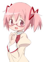Rule 34 | 1girl, :d, bespectacled, clenched hands, dot nose, flat chest, glasses, hair between eyes, hair ribbon, hands up, happy, high collar, highres, jewelry, juliet sleeves, kaname madoka, light blush, long sleeves, looking at viewer, mahou shoujo madoka magica, mahou shoujo madoka magica (anime), mitakihara school uniform, neck ribbon, open mouth, own hands together, pink eyes, pink hair, puffy sleeves, red-framed eyewear, red ribbon, ribbon, ring, school uniform, semi-rimless eyewear, shaded face, short twintails, sidelocks, simple background, smile, solo, tsubaki (tatajd), twintails, under-rim eyewear, uniform, upper body, white background