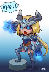 Rule 34 | 1girl, alternate costume, alternate hair color, arm up, armor, black sclera, blonde hair, blue eyes, championship shyvana, chibi, colored sclera, dragon girl, fangs, freckles, highres, horns, league of legends, long hair, open mouth, phantom ix row, ponytail, shyvana, solo, thighhighs, translation request